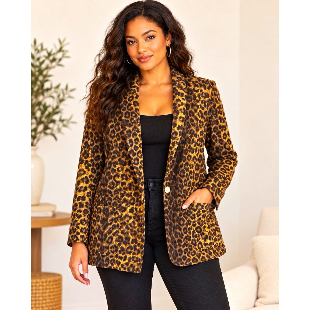 Courtenay Leopard Print One-Button Lined Blazer Jacket Polyester Women's M